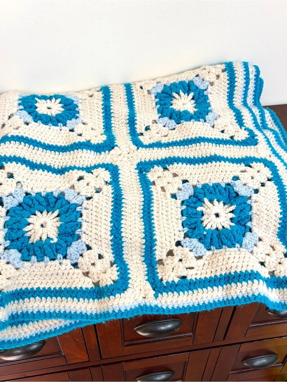 White and Turquoise Granny Square Blanket